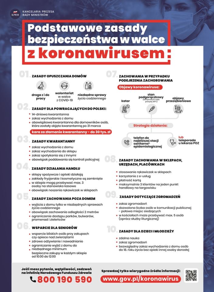 Plakat zawierający podstawowe zasady bezpieczeństwa w walce z koronawirusem.